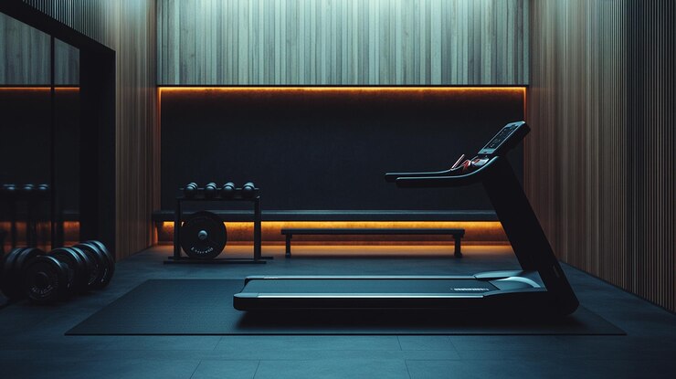 a room with a bench and a chair with a light on the wall