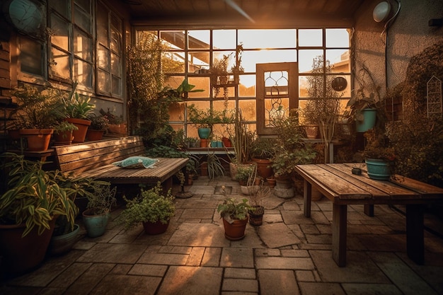 A room with a bench and plants on it