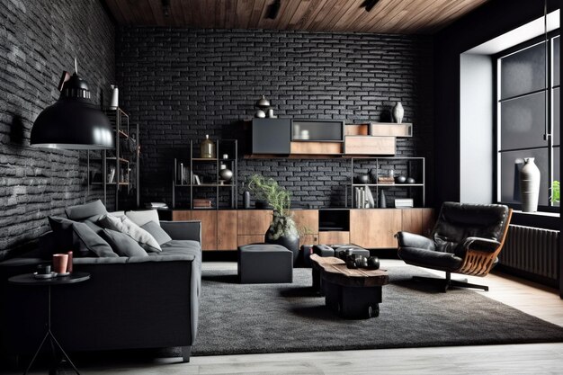 Room with a black brick wall