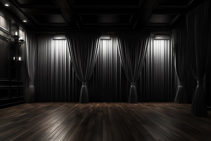 A room with a black ceiling and curtains