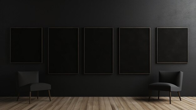 a room with a black wall and a black chair and a black wall with paintings on it.