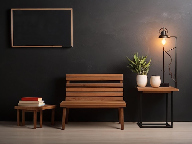 a room with a black wall and a wooden bench and a lamp on the wall