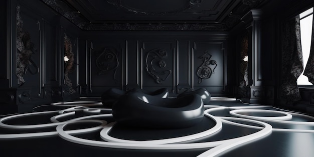 A room with a black and white pattern on the floor and a black and white circular table