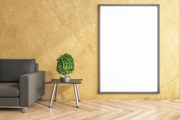 Room with blank poster on yellow wall