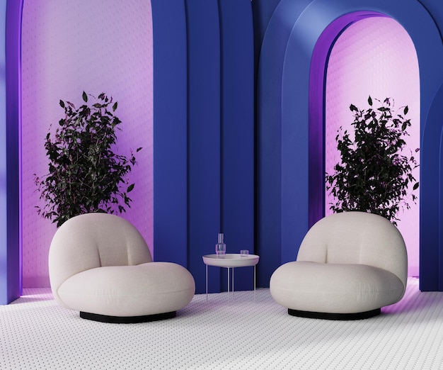 ピンクの光とモザイクタイル張りの床のアームチェアとコーヒーテーブルの3Dレンダリングと青いアーチのある部屋