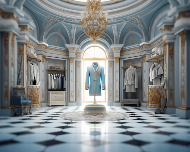 Photo a room with a blue coat and gold trim