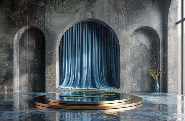 Room With Blue Curtain and Fountain