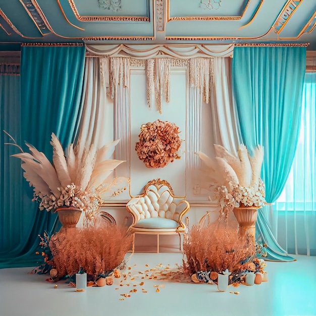 A room with a blue and gold curtain and a white chair with a white chair and flowers in front of it.