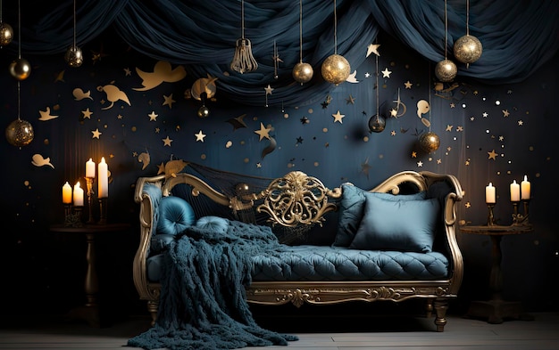 a room with a blue and gold decorated wallpaper with a blue background with gold stars and a blue backdrop.