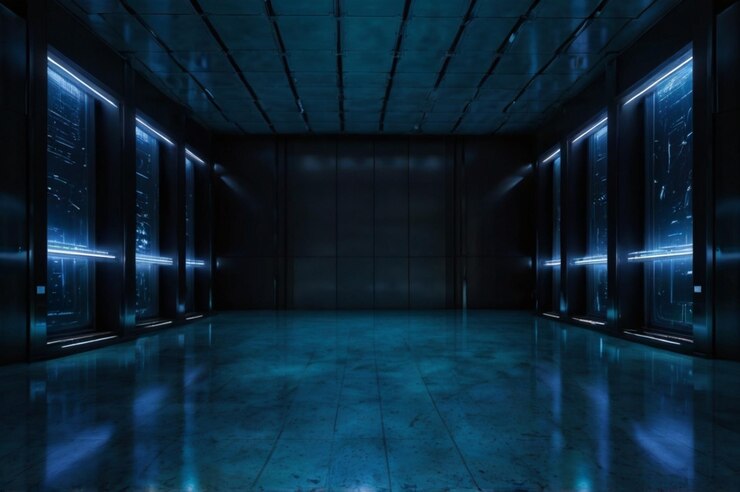 Photo a room with a blue light and a dark floor with a blue light on the bottom