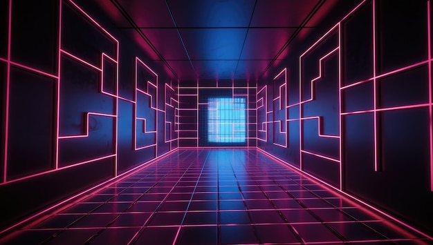 A room with a blue light and a red grid.