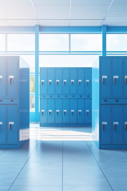 A room with blue lockers