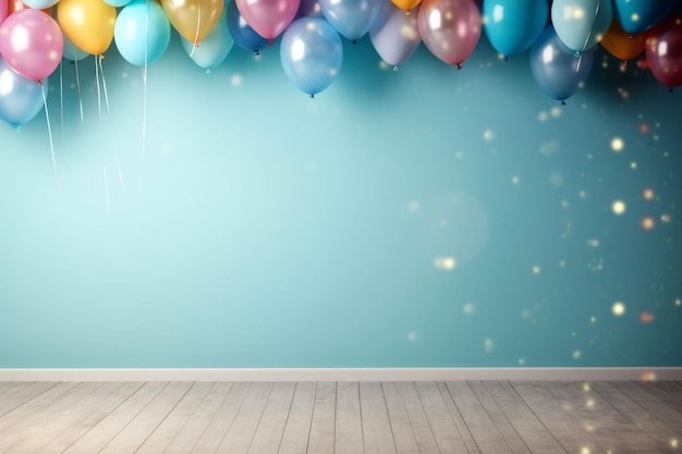 Photo room with blue wall and bunch of balloons