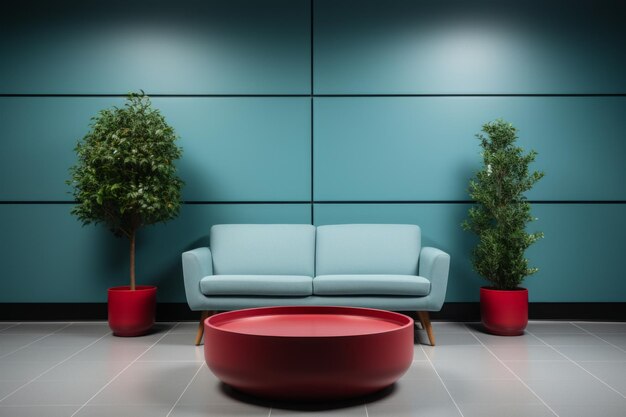 A room with a blue wall a couch and two potted plants