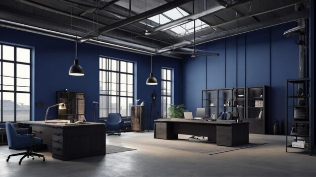 Photo a room with a blue wall and a desk with a chair and a plant