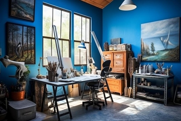 a room with a blue wall and a painting on the wall