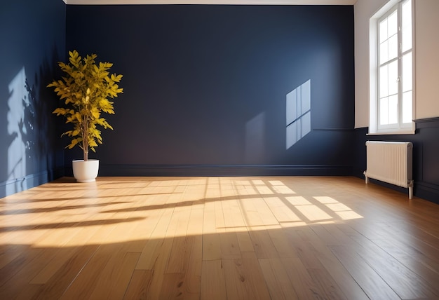 Foto una stanza con una parete blu e una pianta nell'angolo