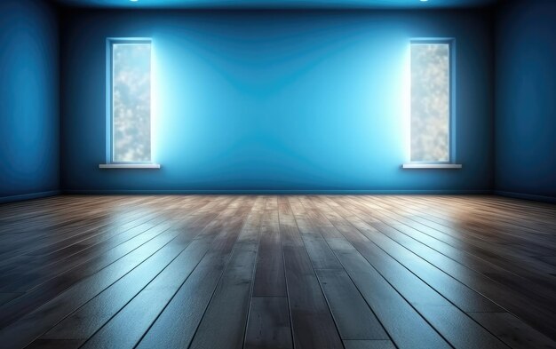 A room with a blue wall and windows with a blue wall