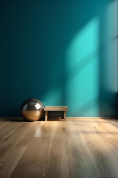 A room with a blue wall and a wooden floor and a wooden bench with a golden ball on it.