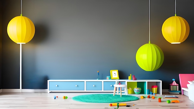 A room with a blue wall and a yellow ball on the floor