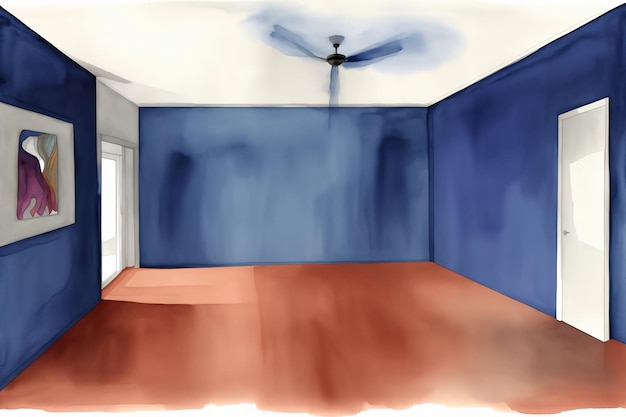 A Room With Blue Walls And A Ceiling Fan