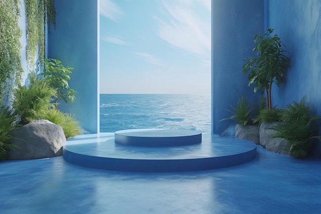 a room with a blue and white bench and a blue table with a view of the ocean