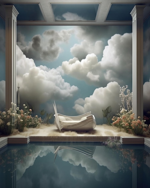 a room with a boat and clouds on the water.
