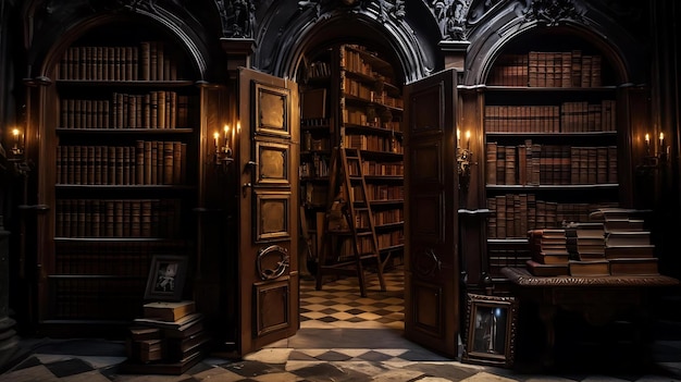 A room with a bookcase and a bookcase with a bookcase in the middle