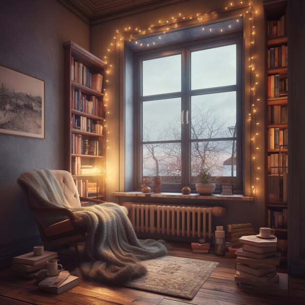 Комната с книжным шкафом и книжным шкафом с подсветкой