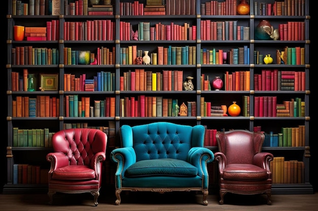 A room with a bookcase full of books and a chair with a red one.