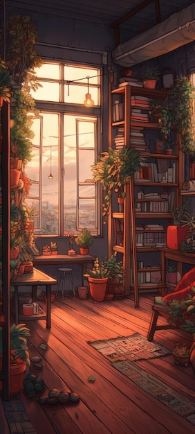 책장과 도시가 보이는 창문이 있는 방.