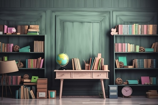 A room with books, a clock, a clock and a bookcase.