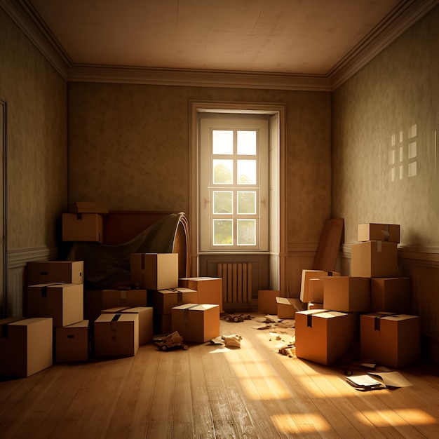 A room with boxes and a window that says " the box ".