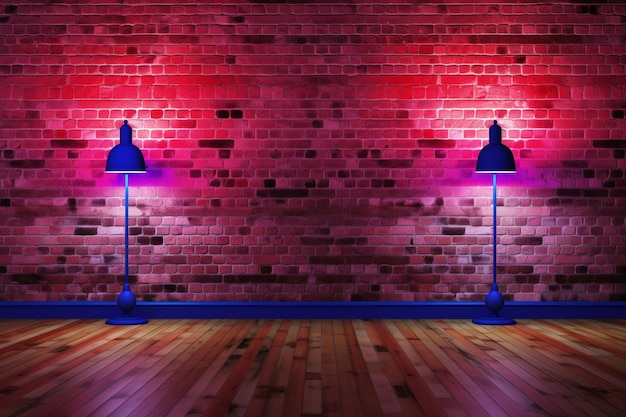 A room with a brick wall and blue lamps on it