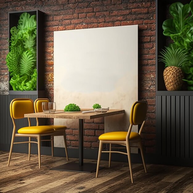 a room with a brick wall and chairs and a table with plants and a sign that says " no. "