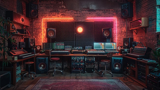 Photo a room with a brick wall and a soundboard and sound board