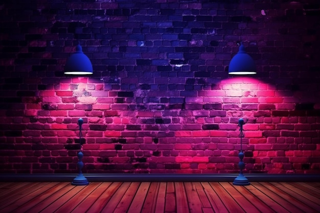 A room with a brick wall and two lamps on a wooden floor.