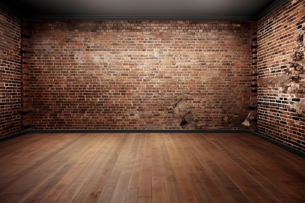 A room with a brick wall and a wooden floor