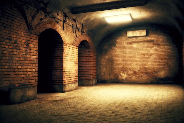 Room with brick walls in empty abandoned basement