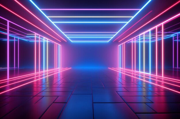 Photo a room with a bright neon light and a square tile floor