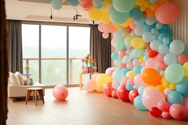 A room with a bunch of colorful balloons hanging from the ceiling.