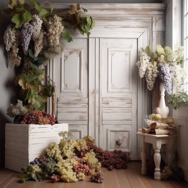 A room with a bunch of grapes and a box of grapes