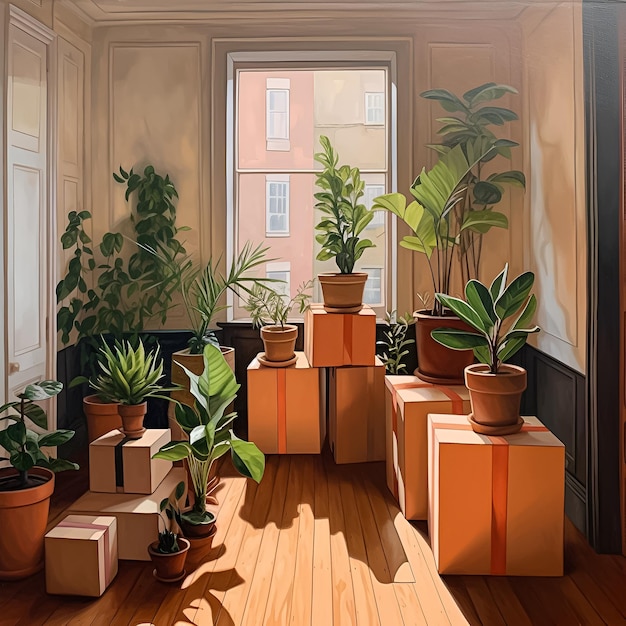 A room with a bunch of plants and boxes on the floor