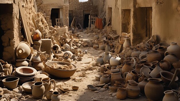 a room with a bunch of pottery on the ground