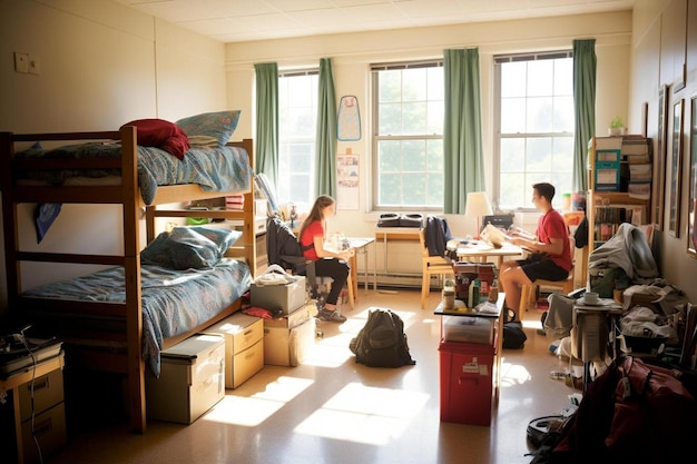 Foto una stanza con un letto a due piani e due persone che lavorano su laptop