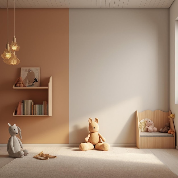 a room with a bunny and a shelf with books and a doll in it.