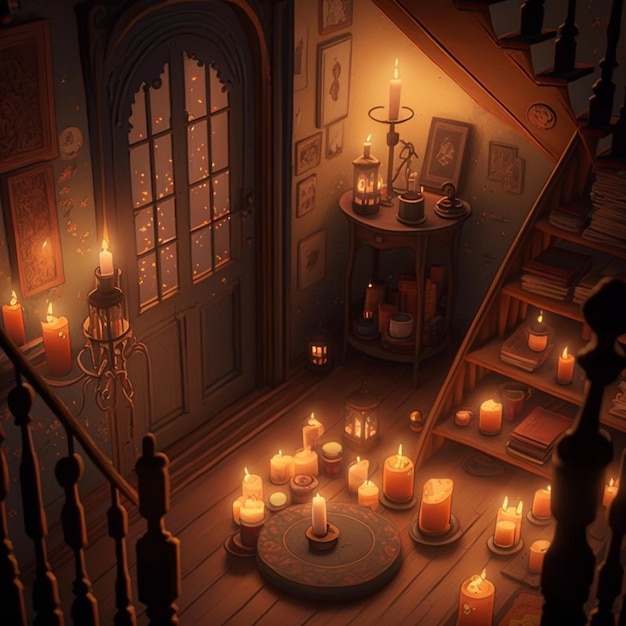 A room with candles on the floor and a staircase with a lit candle on the bottom.