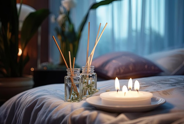 a room with candles and some white incense sticks in the style of sensory experience