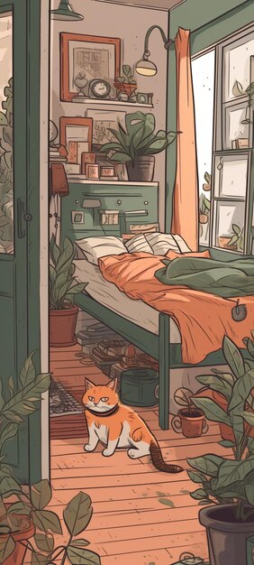 A room with a cat on the floor