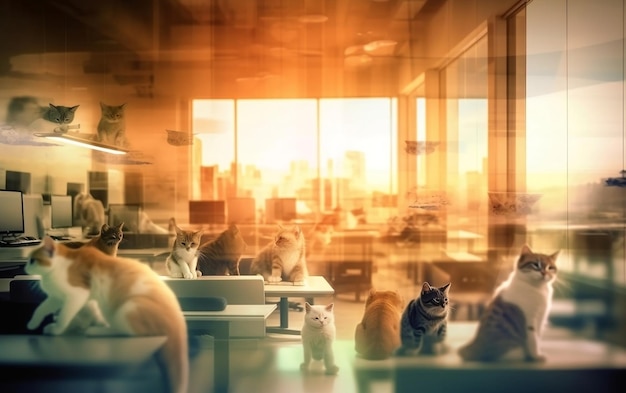 Foto una stanza con i gatti e un tramonto sullo sfondo